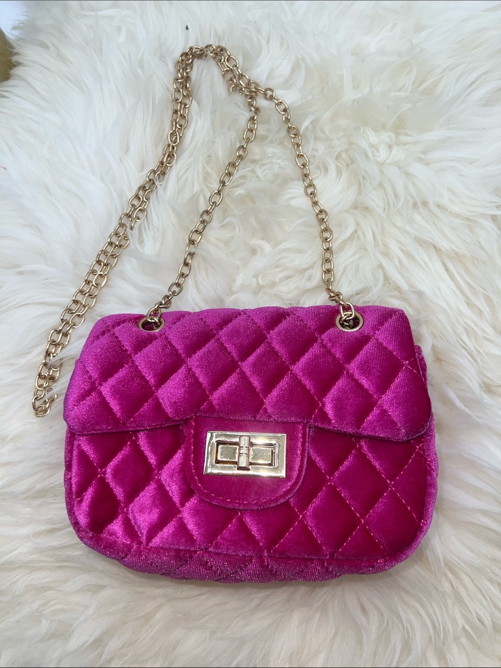 Quilted Velvet Crossbody Bag in Fuchsia with Gold Chain